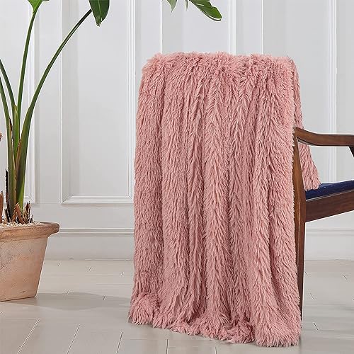 Image of Tuddrom Decorative Extra Soft Faux Fur Blanket Twin Size 70 inch x 78 inch,Solid Reversible Fuzzy Long Hair Shaggy Blanket,Fluffy Cozy Plush Fleece Comfy Microfiber Blanket for Couch Sofa Bed,Peach Whip