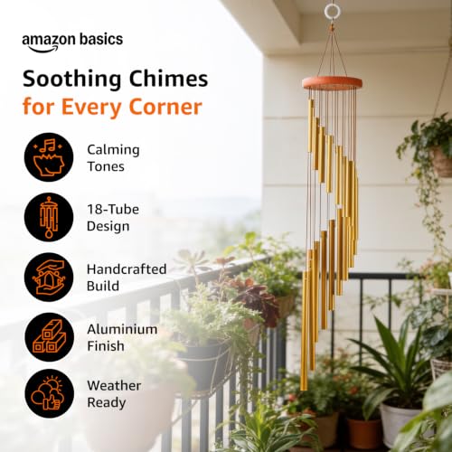 Image of Amazon Basics Wind Chimes for Balcony Decoration, Home Decor & Positive Vibes | Soothing Musical Sound | Metal Hanging for Indoor /Outdoor | Color: Gold | Material: Aluminum | Size: 69L x 12W x 12H cms