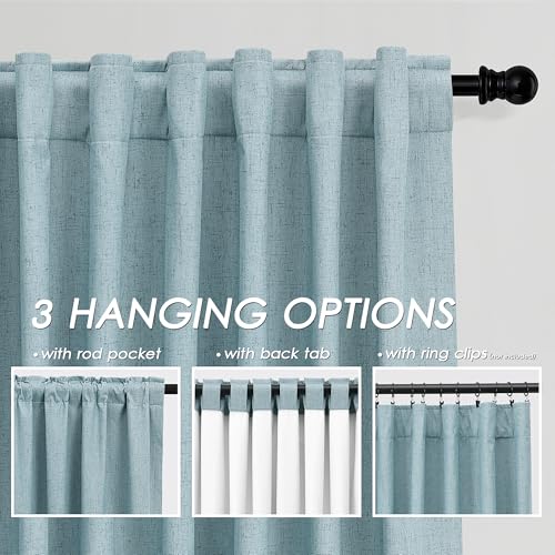 Image of Light Blue 100% Blackout Linen Curtains 108 Inches Long for Bedroom Back Tab Thermal Insulated Coastal Boho Decor Black Out Curtain for Living Room Floor to Ceiling High Window 52x108, 2 Panels