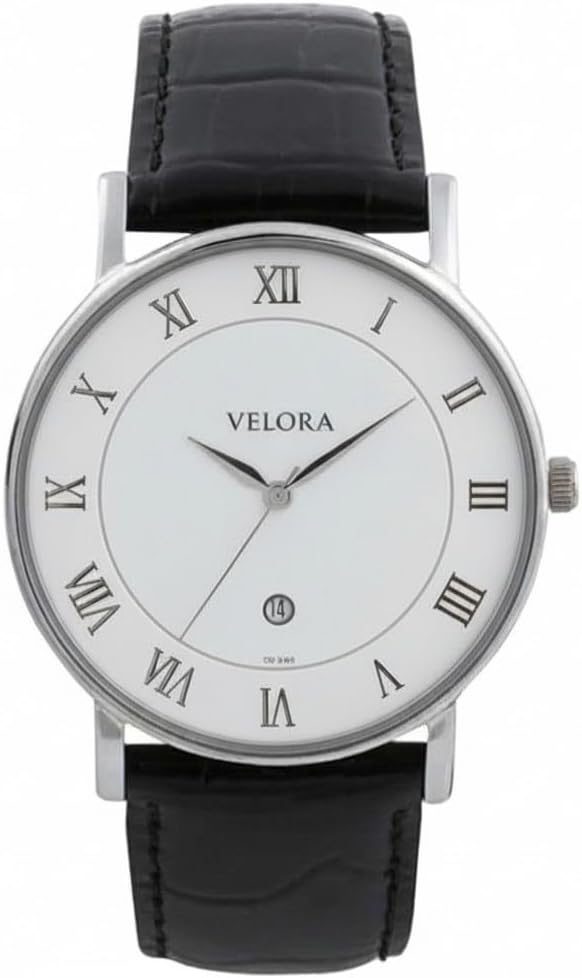 Analogue Watch for Men with Date Display and Japanese Movement, Round White Dial, Silver Toned Case, Black Textured Strap for Professional and Everyday Timekeeping Men's Analog Watch with Date Calendar, White Dial, Black Leather Strap, Stainless Steel Case, Round Shape
