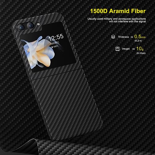 Memumi ASC22KF002B5 𝟐𝟎𝟐𝟑 Real Aramid Fiber For Samsung Z Flip 5 Case, Sturdy Durable Aramid 0.5 Mm Slim Case For Galaxy Z Flip5 Carbon Fiber Aramid Fiber thumb #1
