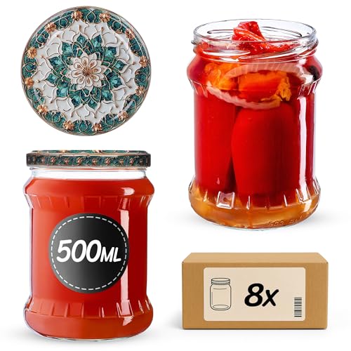 KADAX Tarros de conserva, 500 ml, con tapa de rosca fi82 mm, tarros para conservas de frutas, verduras, miel y conservas, tarros de rosca (verde/dorado, 8 unidades)