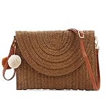 Aphoraeny Straw Crossbody Bags for Women Straw Clutch Bag Straw Beach Bag Straw Purse Summer Handbag Straw Envelope Wallet (Dark Brown)