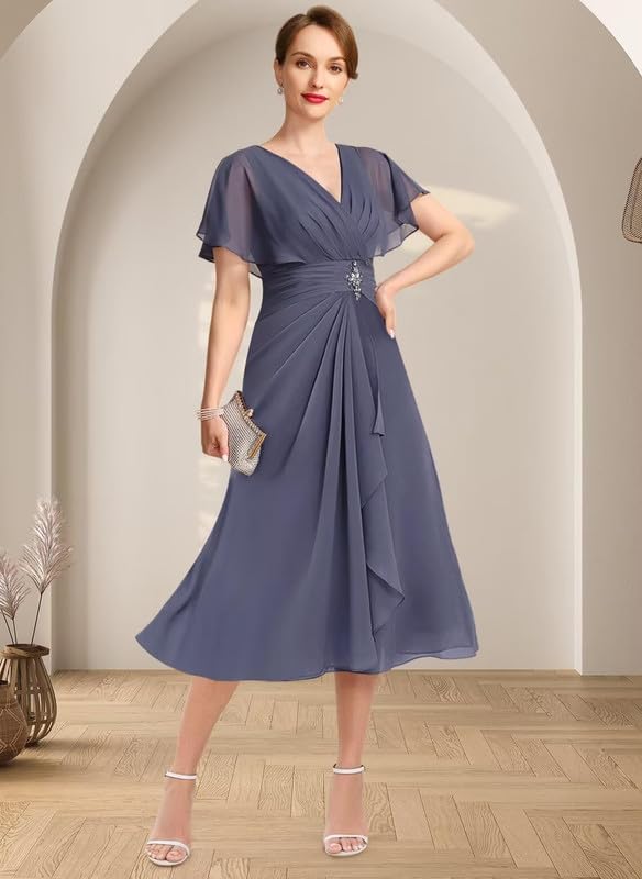 Tea Length Mother of The Bride Dresses for Wedding Beads Chiffon Wedding Guest Dress A-Line Formal Dress with Sleeves4