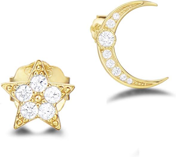 AGVANA Moon Star Sunshine Stud Earrings Sterling Silver Yellow/White Gold Plated Clear CZ Cubic Zirconia North Star Compass Sun Big Large Studs Fine Jewellery for Women Girls