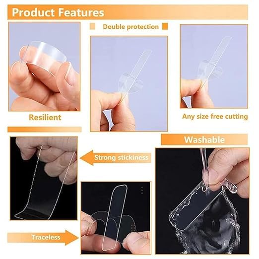 Zivora Waterproof Double Sided Stick Adhesive Stickers Reusable Tape Heavy Tap Special Transparent Seamless Sticker Multifunctional High Washable Double-Sided Sheets Stickers (Pack of 1) 2