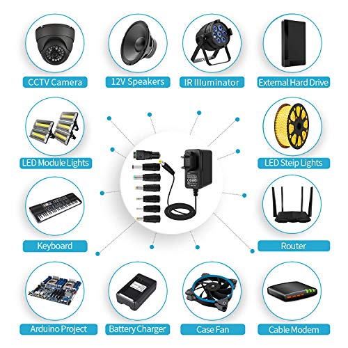 EFISH Alimentatore trasformatore 12V 2A,spina di alimentazione per,telecamera CCTV,tastiera Yamaha,router,hub,strisce LED,Telekom,T-Com,Speedport,radiowecker,scanner,interruttore+7 Diverse Spine