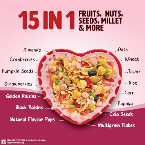 Image of Saffola Muesli Berry Crunch with Flavour Pops, 450 gm | 15 in 1 Fruit and Nuts, Seeds, Millet & more | Cereals for breakfast rich with wholegrain, protein, fibre