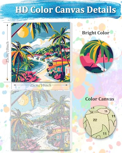 TOCARE 10x10 Inch Palm Tree Beach Paint by Number Kit, Framed for Home