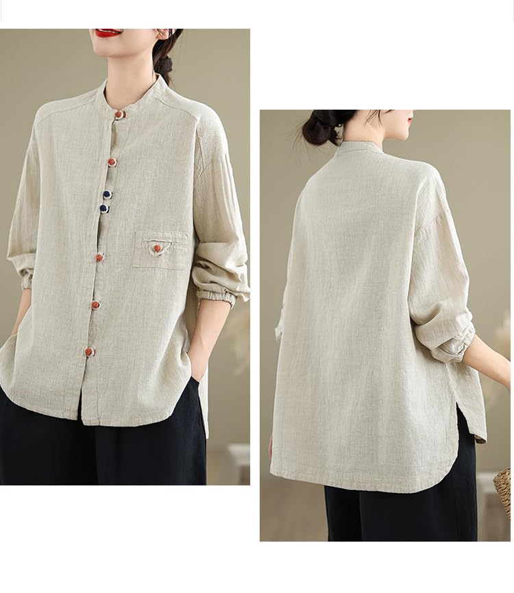 Camisas De Manga Larga De Lino Y Algodón para Mujer, Blusa Tipo Túnica con Botones Y Cuello Redondo Verde Salvia, Informal, Holgada, para Uso Diario Y Elegante.
