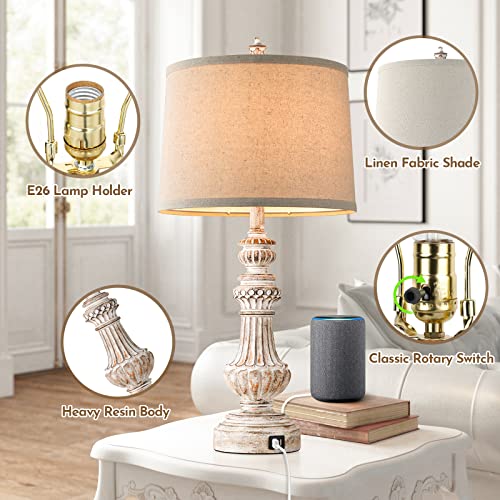 Tall Vintage Table Lamps Set Of 2, 28” With Dual Usb Ports, Resin Bedside Lamps With Rotary Switch, Nightstand Lamps With E26 Base, Desk Lamp With Fabric Shade For Living Room Bedroom #TOP3