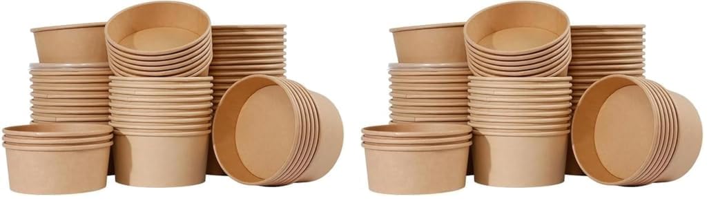 Al FAKHAMA Heavy Duty Kraft Salad Paper Bowls with Lids - Disposable & Reusable Takeaway Bowls for Hot/Cold Food (500 ML And 1000 ML Bowls) - Pack Of 16