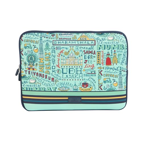 Image of Chumbak TEAL Traveller's Laptop Sleeve a€ inch 15 Inch, Blue, Soft Padded Laptop Case with Foldable Handles, Lightweight and Trendy for Office, College and Travel