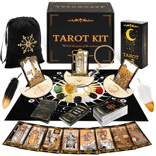 Tarot Cards with Guide Book, 78 Black Tarot Deck Set with Table Cloth, Chakra Stones, Velvet Bag and More, Classic Tarot Cards for Beginners Kit, Fortune Telling Game