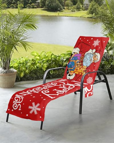 Merry Christmas Beach Chair Towel Covers for Chaise Lounge with Side Pocket, Soft Plush Pool Towels Cover for Patio Sunbathing Outdoor 29''x85'' Red Santa Winter Snowflake