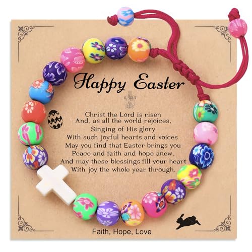 Happy Easter Gifts, Colorful Clay Beads Bracelet Easter Basket Stuffers for Teens Christian Cross Bracelet Easter Gifts for Daughter Granddaughter Niece