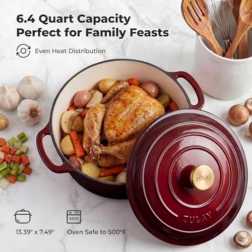 Image of Zulay Kitchen 6.4QT Enameled Cast Iron Dutch Oven Pot with Lid, Heavy-Duty Soup Pot for Stews, Braising, Roasting & Sourdough Bread Baking, Oven Safe up to 500F - Garnet