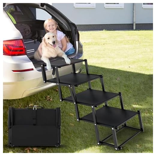 PetRuna Dog Car Ramp for Large Dogs, Portable Aluminum Foldable Pet Ladder Ramp with Non-Slip Surface, Lightweight Dog Stairs for Cars SUV, High Beds & Trucks, Supports up to 150 lbs, 4 Steps