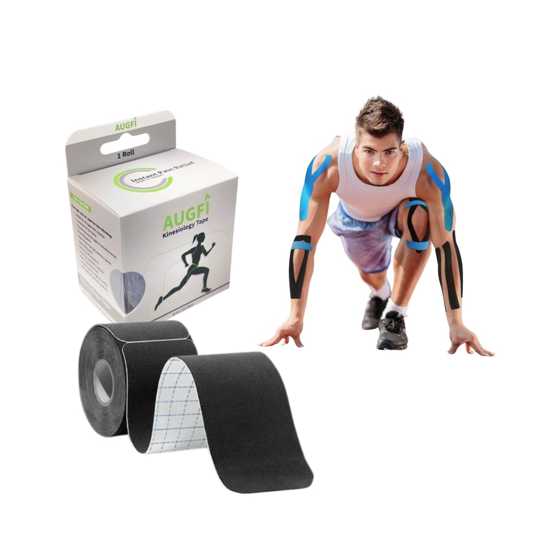 Kinesiology Tape – Waterproof & Breathable Precut Strips for Muscle Support, Sports recovery & Pain Relief including Knee, Ankle, Elbow, Plantar Fasciitis – Black, Latex-Free – Athletic Tape
