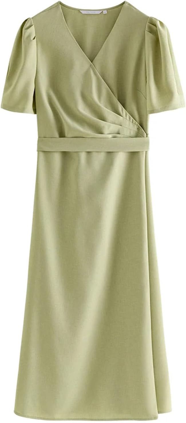Women's V Neck Dress for Women Waistband Slim Dress Green Black Pink High Waist Dresses