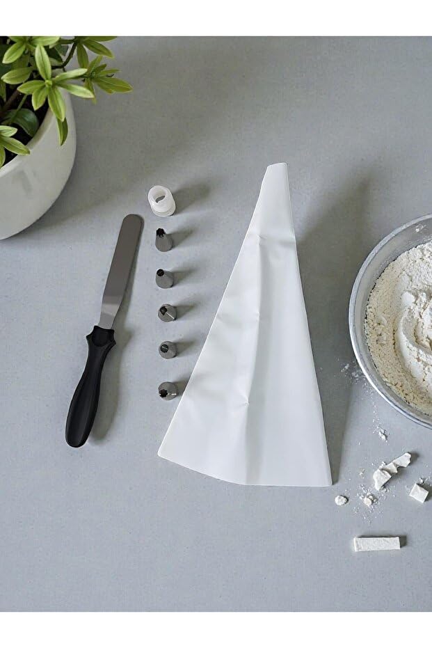 Krema Sıkma Torbası Seti 8 Parça Krema Kek Süsleme Torbası Paslanmaz Çelik Uçlu + Spatula Hediyeli
