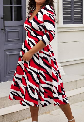 Image of Womens Plus Size Dresses Faux Wrap Summer Dress 3 /4 Sleeves V Neck 1950s Retro Vintage Wedding Party Midi Dress