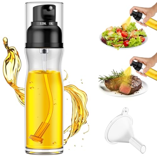 Öl Sprühflasche 200ml, Glas Ölsprüher für Speiseöl mit Einstellbare Ölausgänge Gestaltung, Ölsprüher zum Kochen, Ölspray für Heißluftfritteuse, Kochspray, Salate, Grillen, Backen, mit Trichter