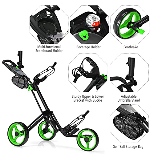 Tangkula Golf Push Pull Cart, Lightweight Folding 3 Wheels Golf Push Cart, Golf Trolley W/Storage Bag & Beverage Holder, Foot Brake, Adjustable Umbrella Holder, 4 Height Position Handle (Green) #TOP2