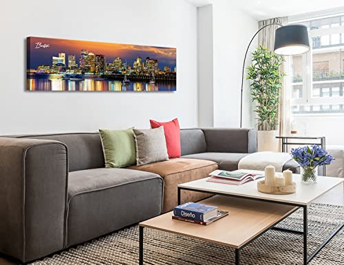 Image of DJSYLIFE Boston Skyline Wall Art Canvas Prints Colorful USA City Night Pictures Modern Panoramic Cityscape Posters Paintings for Bedroom Office Decor, Ready to Hang 13.8 inchx45.3 inch