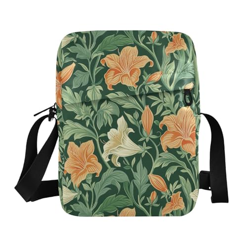 KLL Vintage Orange Lily Flower Green Leaves William Morris Style small messenger bag for men Vegan Leather Shoulder Crossover Bag Travel Shoulder Handbag For Travel - Main Image