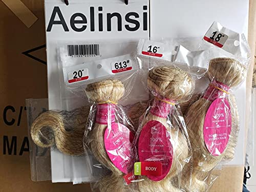 613 Human Hair Bundles with Clousure Brazilian Body Wave Platinum Blonde 3 Bundles with 4x4 Free Part Closure Remy Human Hair Blonde Bundles with Closure (16 18 20 +14, 613#)