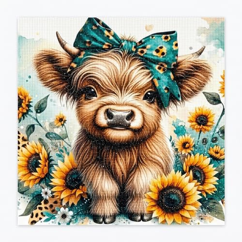 Image of HASTHIP Diamond Painting Kit Cow and Sunflowers 30x30cm Pre-Printed Canvas