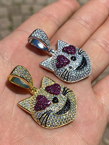 HarlemBling Solid 925 Sterling Silver - Natural Or 14k Gold Finish - Cat Smiley W. Heart Eyes Emoji - 1" Iced Hip Hop Piece Great For Any Necklace3