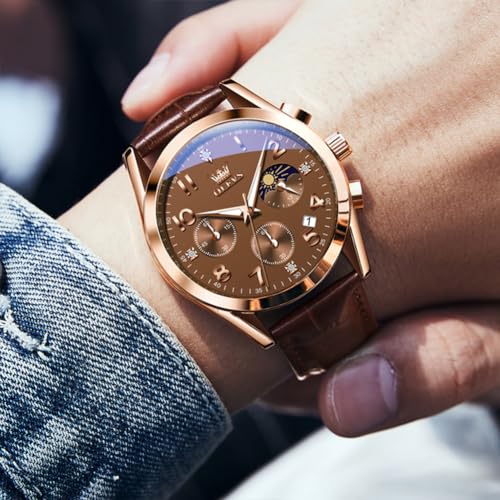 Image of OLEVS Men's Watches Brown Leather with Date,Casual Watches for Men,Large Face Watches Men,Chronograph Mens Watch,Sport Waterproof Business Dress Analog Quartz Men's Wrist Watches Reloj De Hombre