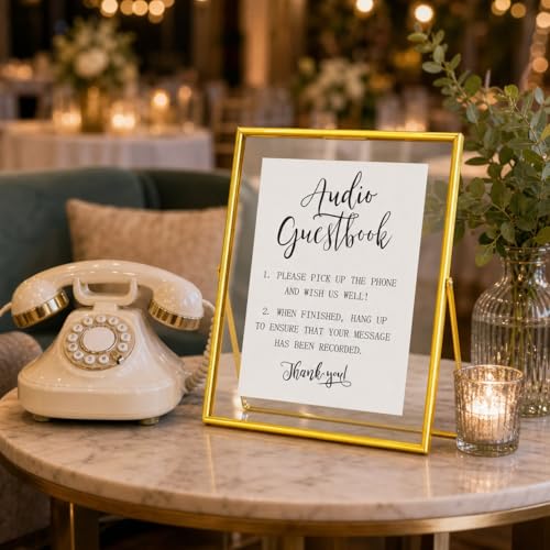 Image of Calculs Audio Guest Book Sign, Gold 8x10 Floating Picture Frame | Double glass metal frame, fits 6x8 insert, audio guest book table, reusable tabletop frame for signs and photos