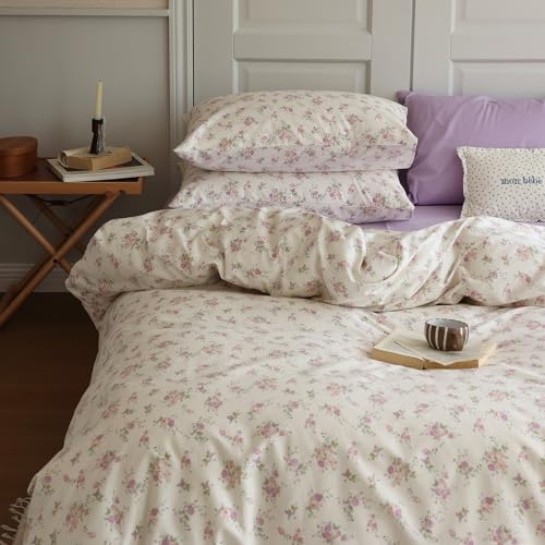 LifeTB Bettwäsche-Set für Doppelbett, 100 % Baumwolle, Cottagecore-Bettwäsche-Set, 3-teilig, botanisches Blumenmuster, Bettbezug mit Reißverschluss, Vintage-Stil, Landhaus-Bettwäsche, niedliches