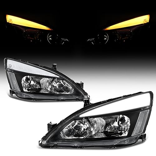 Image of oEdRo Switchback LED Tube Headlights Assembly Compatible with 2003 2004 2005 2006 2007 Accord DRL Headlamp Replacement Pair with Black Housing Clear Reflector