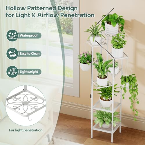 Image of Quikraen 8-Tier White Plant Stand with Grow Lights, 58.5 inch Tall Ultra-Narrow Corner Plant Shelf with 2-Head LED Grow Light & Hanging Hooks, Space-Saving Metal Flower Pot Holder Rack for Indoor Plants, Patio, Balcony