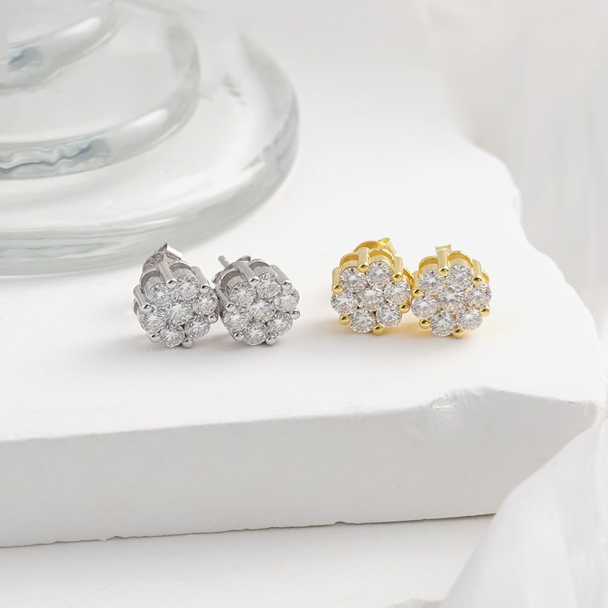 Round Bling Cluster Moissanite Stud Earrings for Women Men, Hypoallergenic S925 Sterling Silver Earrings, D Color VVS Synthetic Moissanite, Diameter 9.9MM, 2.4CT, White/Gold - Image 8