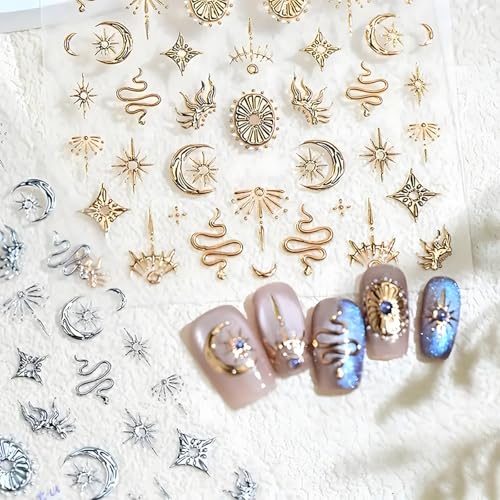 Aribliseza adesivi per unghie, 1 pezzo oro e 1 pezzo argento adesivi per unghie, decalcomanie 5D in rilievo con stelle, luna e sole, tatuaggi per unghie autoadesivi per fai-da-te, decorazione per
