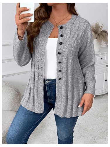OYOANGLE Women's Plus Size Cable Knit Button Down Cardigan Sweater Crew Neck Knitted Outerwear Coats3