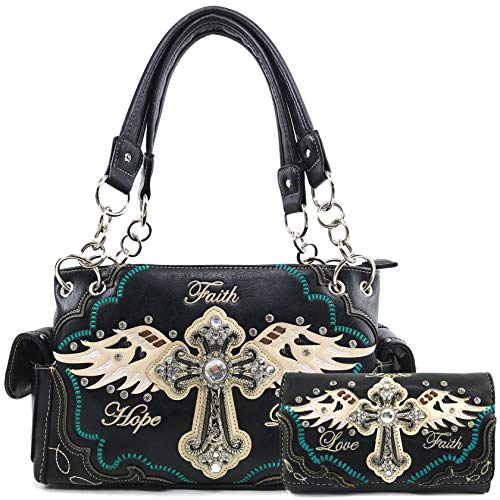 Zelris Faith Love Hope Cross Angel Wing Women Conceal Carry Handbag Wallet Set (Black)