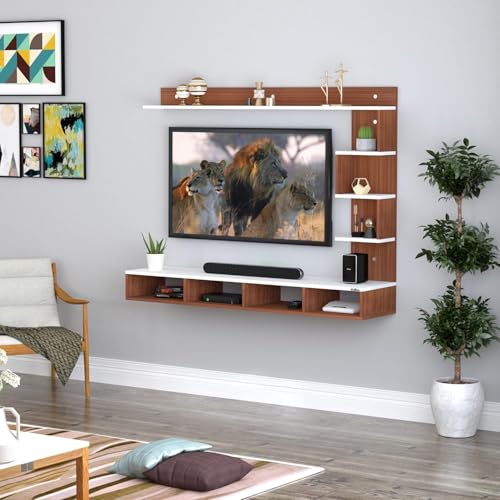 Image of Anikaa Kasey Engineered Wood Wall Mount TV Unit LED Light TV Entertainment Unit Set Top Box Stand for Living Room - (Ideal for 55 Inch) (D.I.Y) (Walnut White)