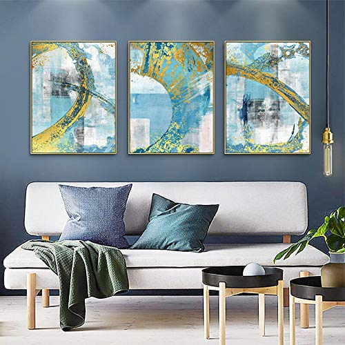 Tableau abstrait bleu 70x100cm en 3 pièces pour décoration de salon moderne - 2