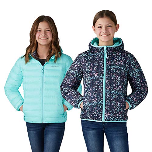 Eddie Bauer Girls Reversible Hooded Down Jacket (Aqua/Navy Print, Small 7/8)