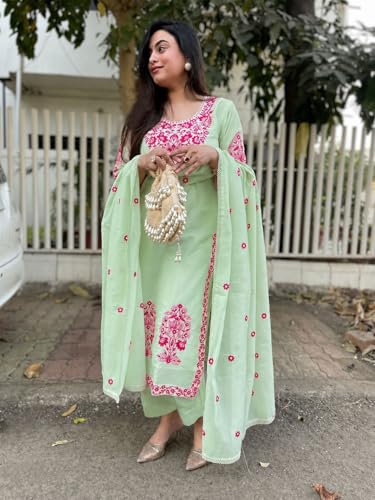 Image of GoSriKi Kurta Sets for Women Viscose Embroidered | Kurta Pant Dupatta Set | Straight Kurti Set for Women | Round Neck 3 /4 Sleeve Ethnic Suit | Designer Indian Kurti Outfit with Pants
