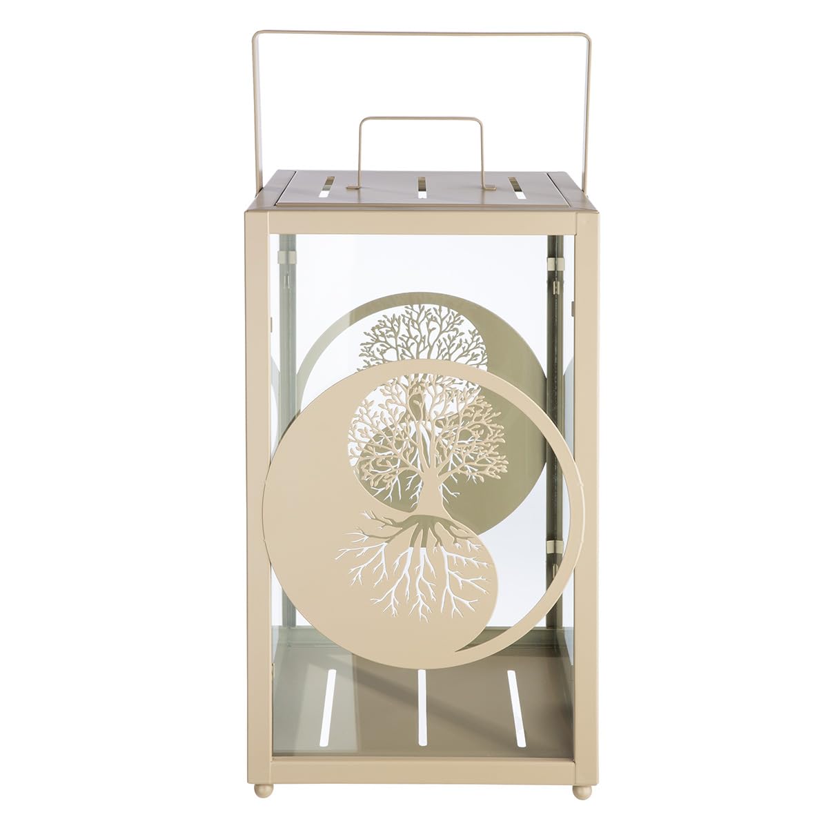 GILDE 2er Set Laterne Balance aus Glas und Metall - Höhe 48cm x Breite 25cm - rechteckig - matt beige - Baummotiv - Yin & Yang