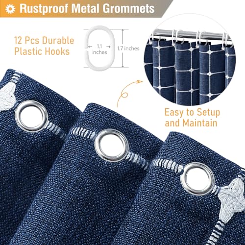 Image of BTTN Boho Farmhouse Shower Curtain - Linen Rustic Heavy Duty Fabric Shower Curtain Set with Tassel, Water Repellent, Bohemian Vintage Country Thick Cloth Shower Curtains for Bathroom, Navy Blue, 72x72