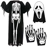 👿 SET INCLUDES:Comprend un costume de squelette, un masque de cri, des gants d'os blancs, adaptés à la mascarade de bal d'Halloween pour enfants / adultes, à la fête de Cosplay et à l'utilisation en extérieur !