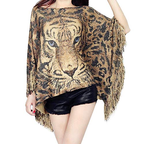 Fashion Secrets Tiger Print Sweater Poncho Cap with Fringes Brown3